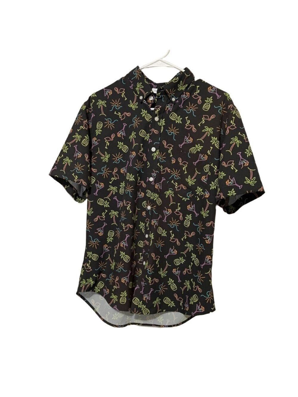 Cabana by Crown & Ivy Men's Short-Sleeve Black Casual Shirt Neon Print Medium